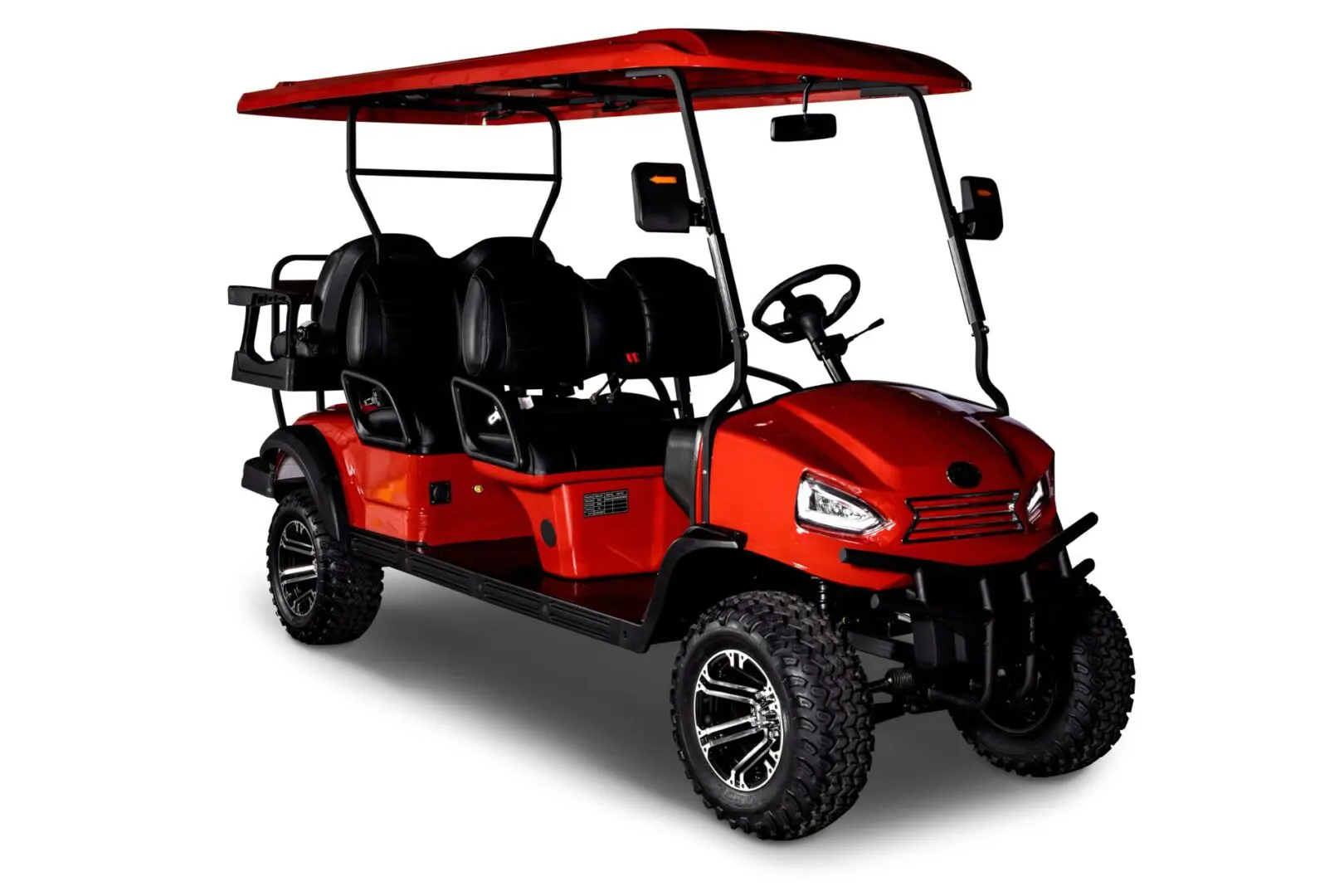 A red golf cart with six seats and a large canopy.