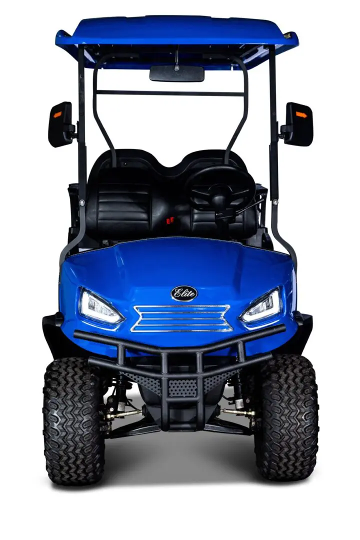 A blue golf cart with two seats and a windshield.