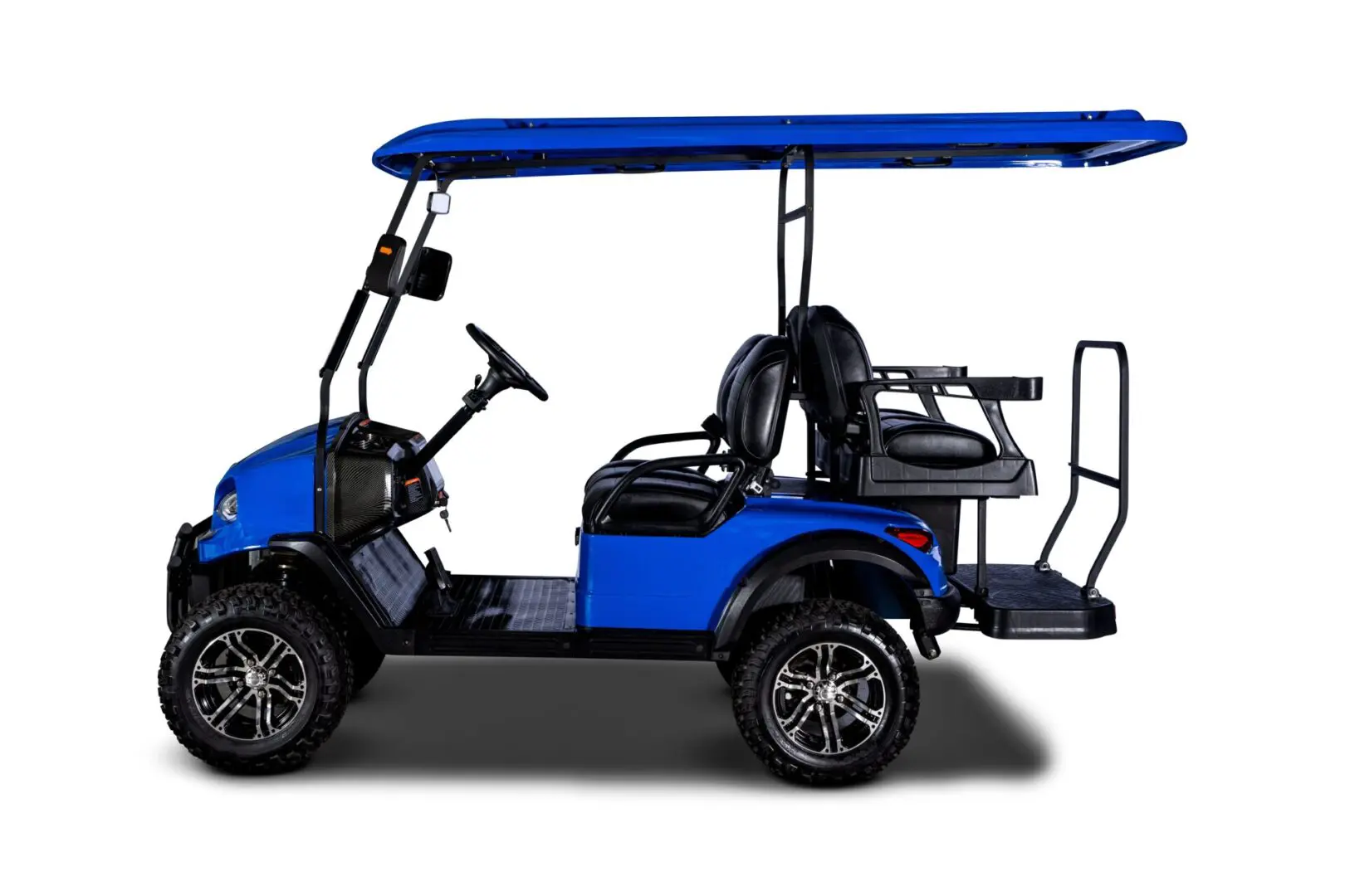 A blue golf cart with a canopy on top.
