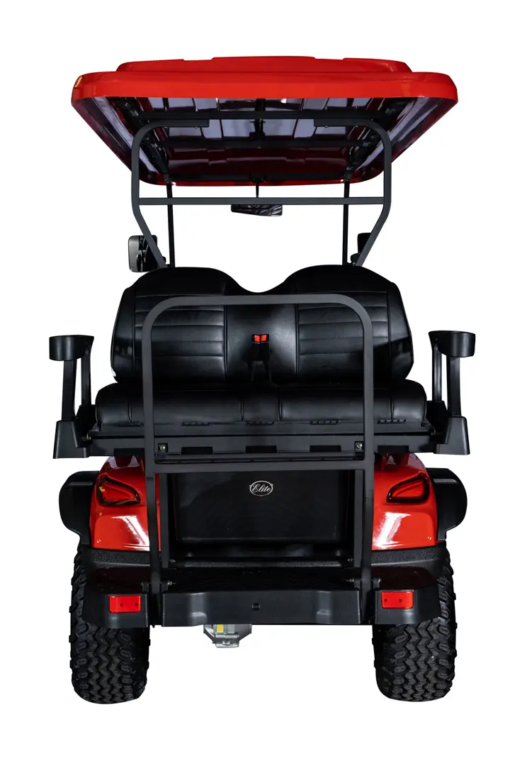 A red golf cart with two seats and a back rack.