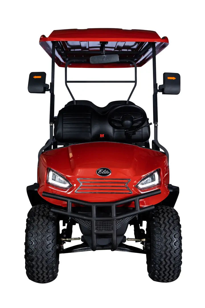 A red golf cart with two seats and a top.