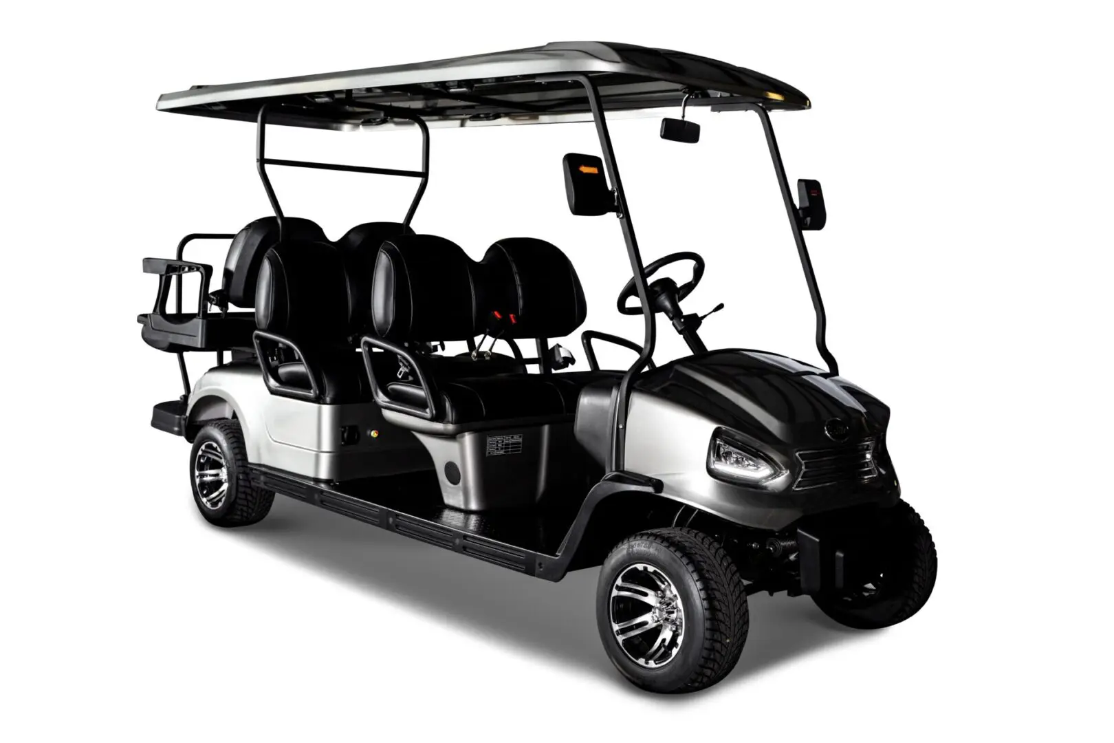 A golf cart with six seats and a canopy.