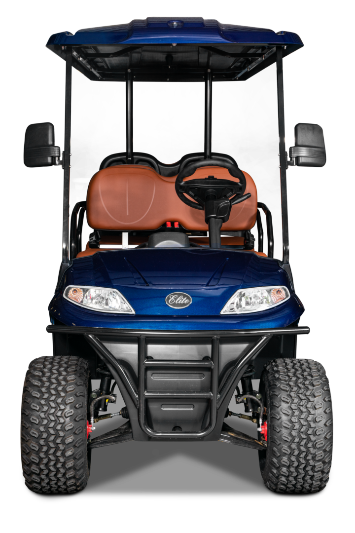 A blue golf cart with an open door.