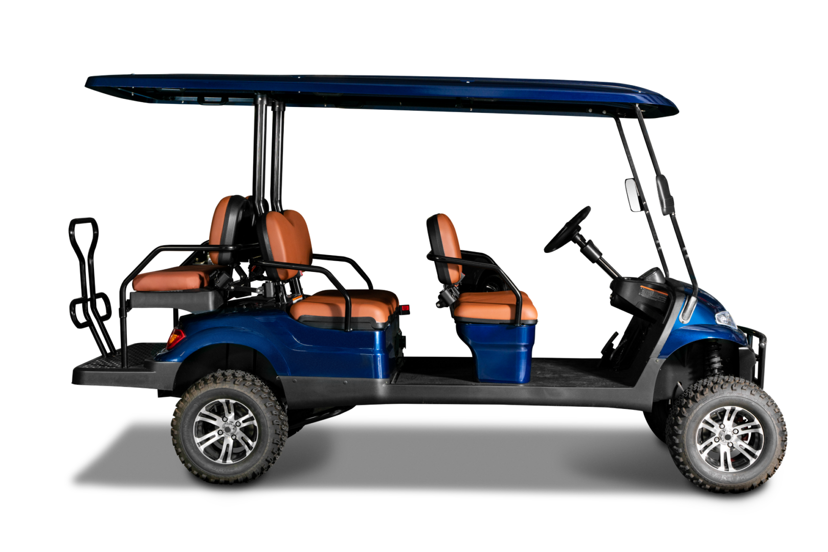 A blue golf cart with orange seats and wheels.