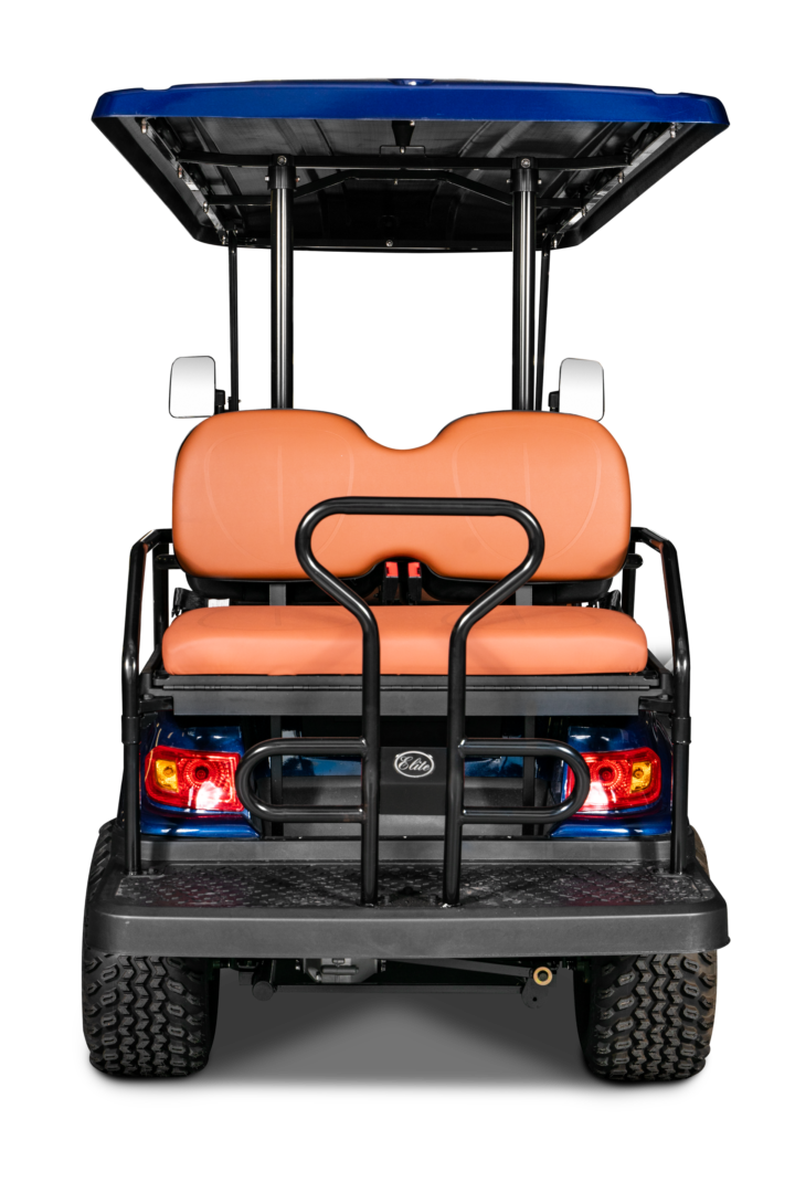 A golf cart with two seats and back rest.