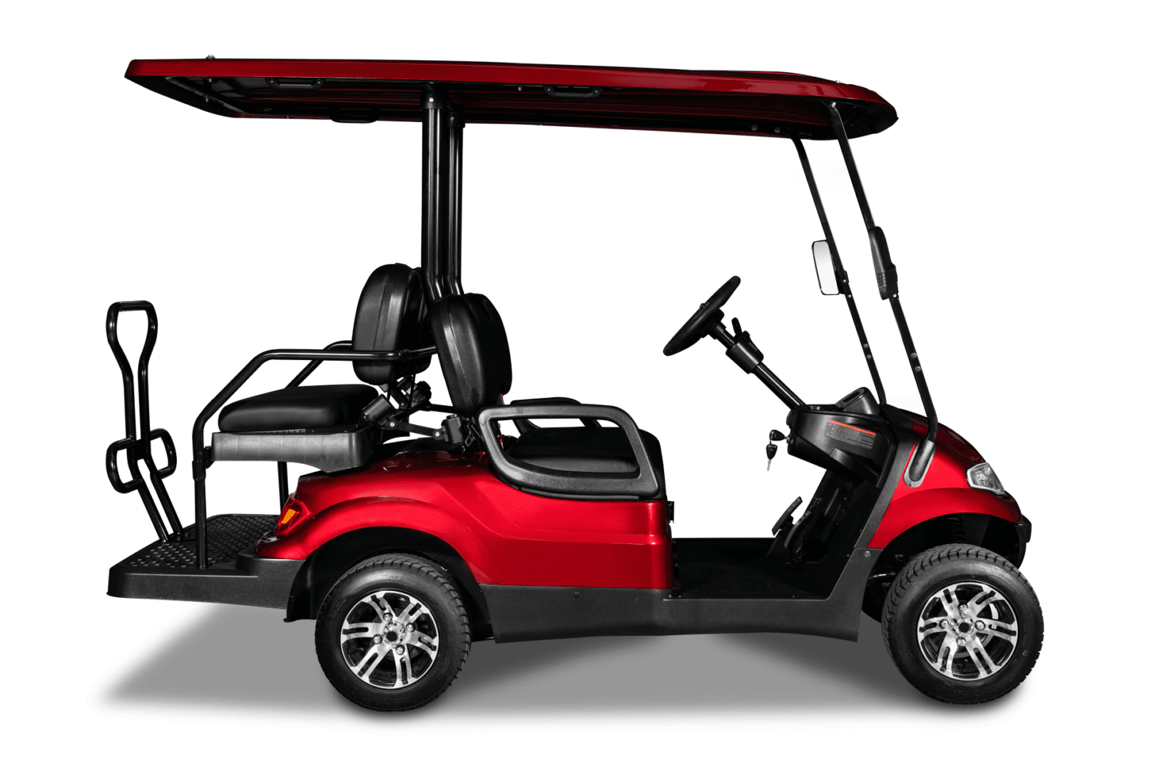 A red golf cart with a canopy on top.
