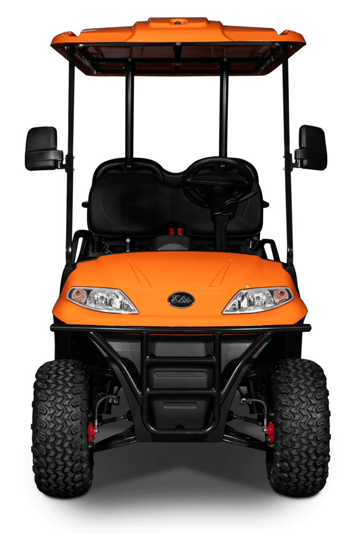 A picture of an orange golf cart.