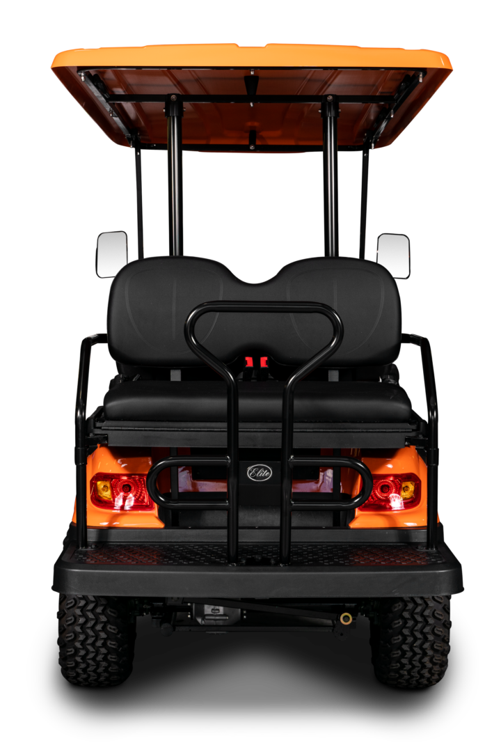 A golf cart with two seats and the back of it.