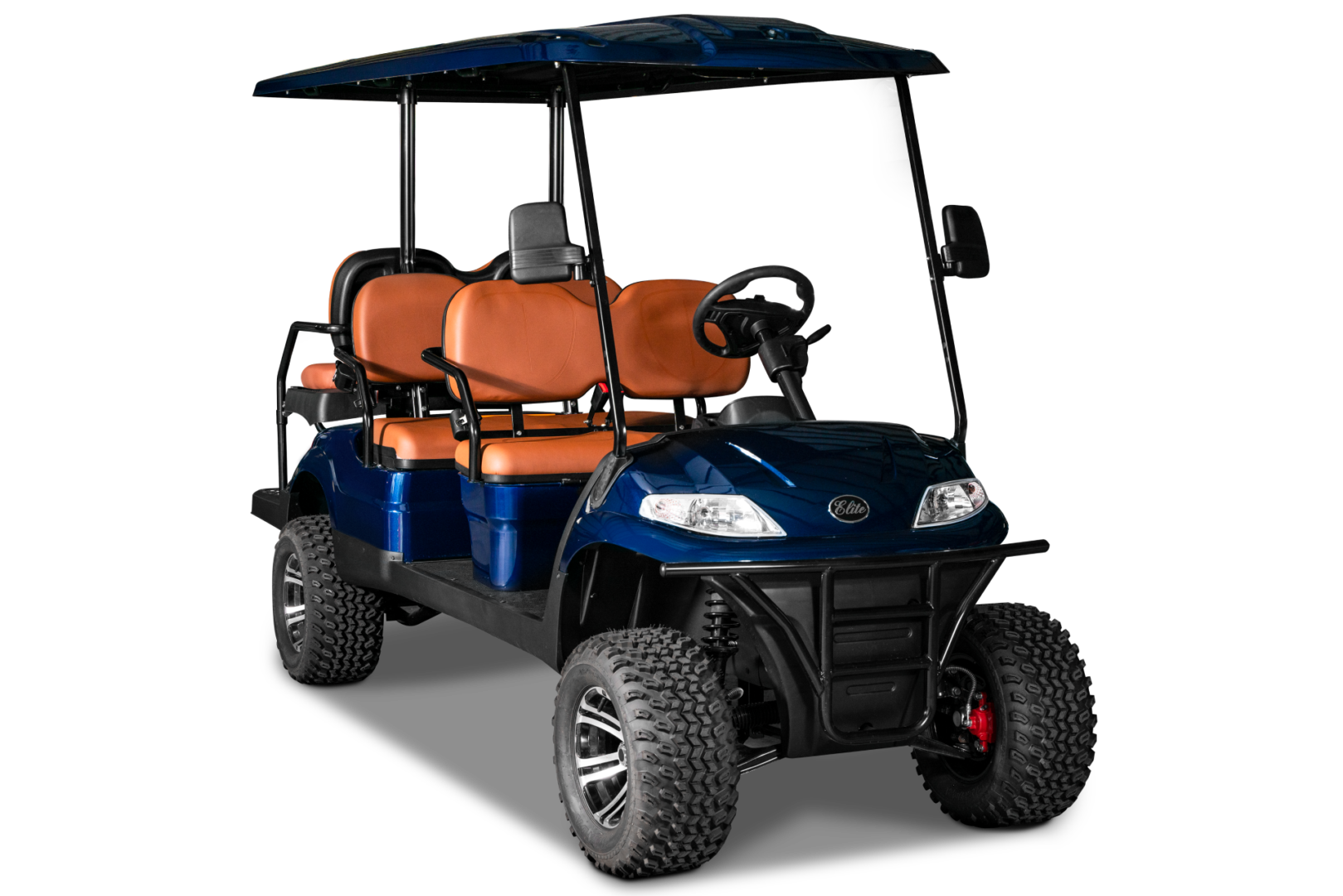 A blue golf cart with an orange seat.