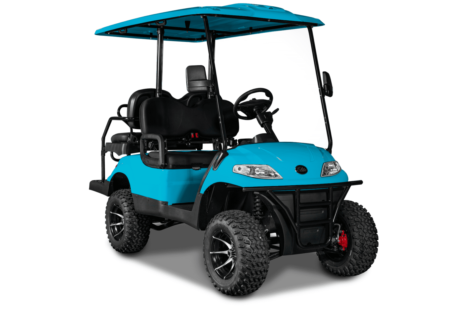 A blue golf cart with an umbrella over it.
