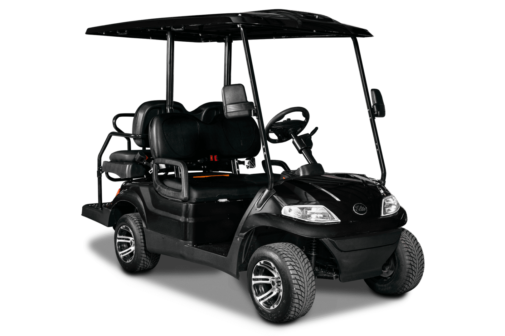 A black golf cart with four seats and a canopy.