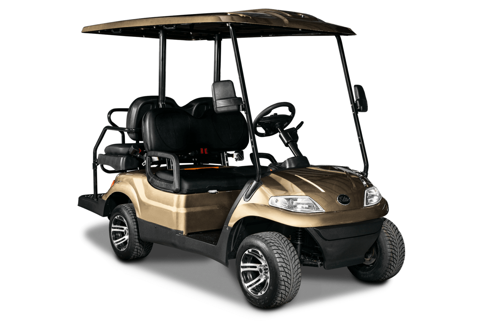 A golf cart with a canopy is shown.
