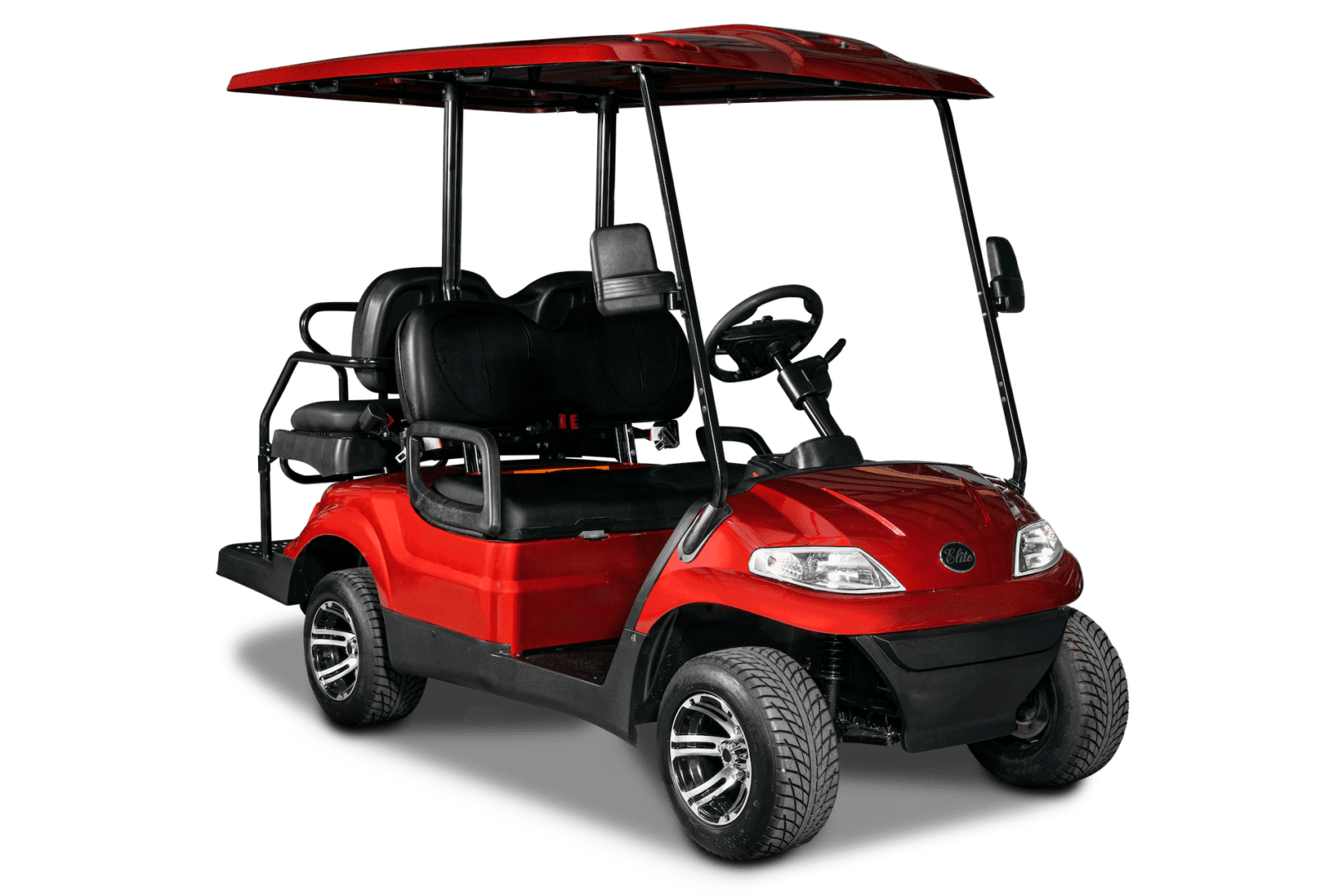 A red golf cart with an umbrella over it.