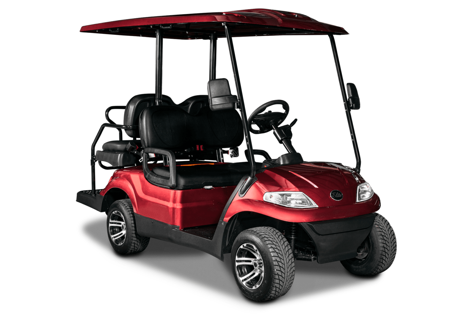A red golf cart with an umbrella on top.