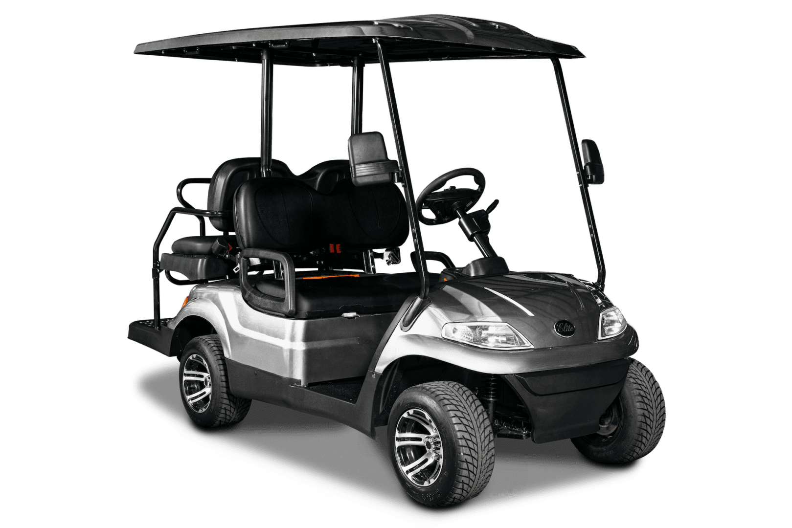 A golf cart with two seats and a canopy.