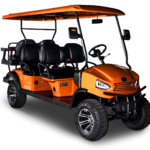A golf cart with an orange top is shown.