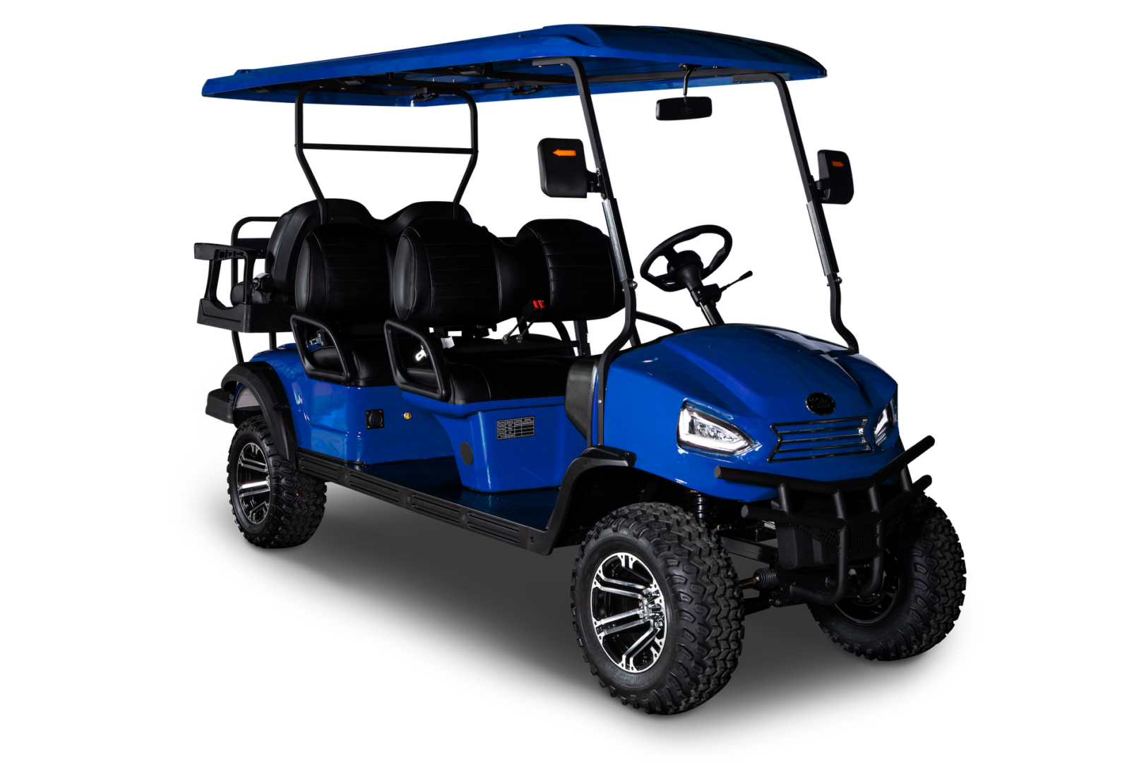 A blue golf cart is shown on the ground.