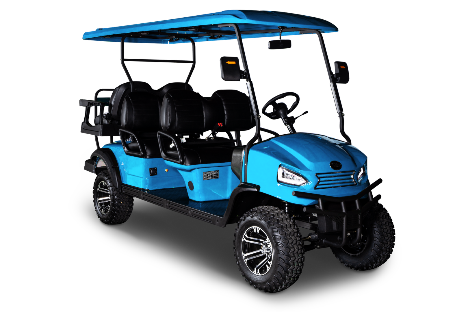 A blue golf cart with a canopy on top.