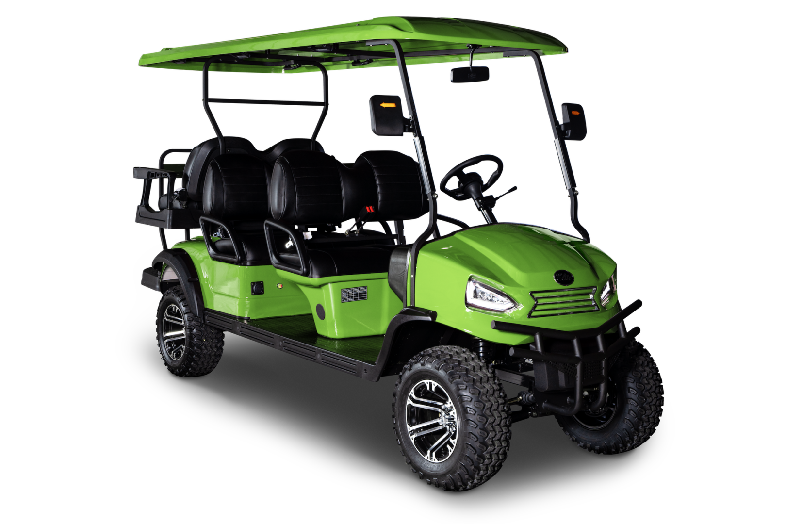 A green golf cart is shown in this picture.