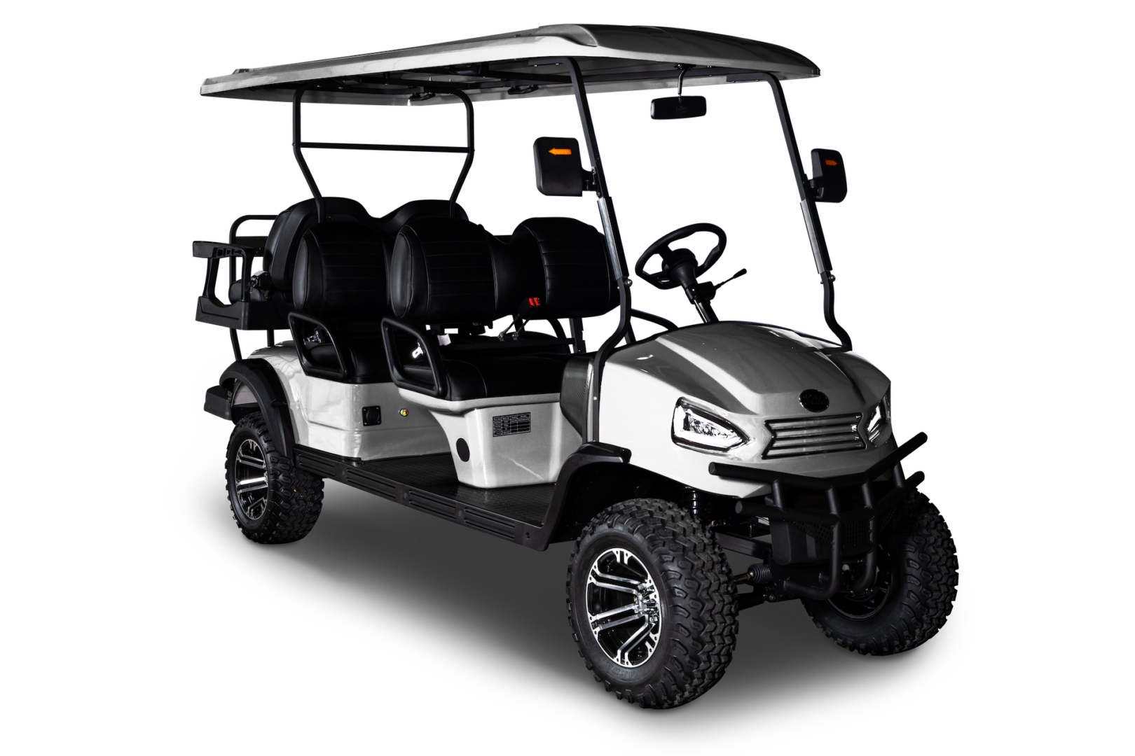 A golf cart is shown with the top up.